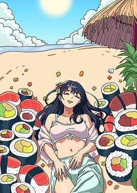 Anime Girl Surrounded by Sushi on Beach