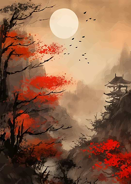 Japanese Landscape with Temple and Moon