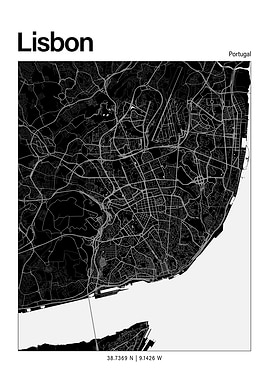 Lisbon Black and White Map