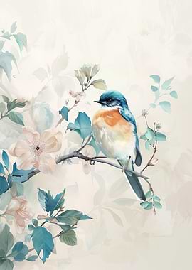 Bluebird on Branch with Flowers