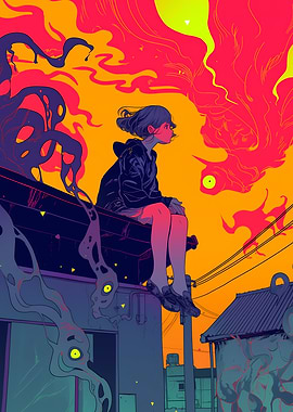 Girl on Rooftop with Abstract Entities