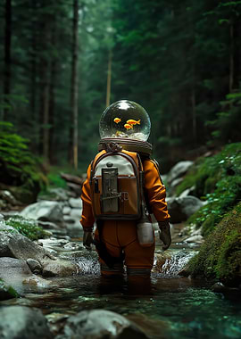 Astronaut with Fishbowl Helmet in Forest