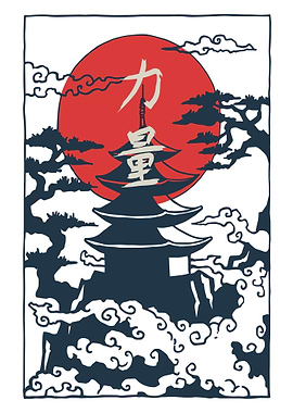 Japanese Pagoda with Rising Sun