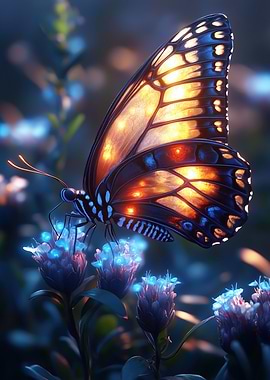 Glowing Butterfly on Flowers