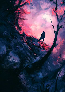 Raven in a Dark Forest Painting