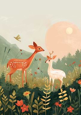Two Deer in a Floral Meadow