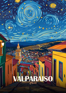 Valparaiso Chile Starry Night Art