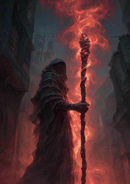 Hooded Figure Flaming Staff