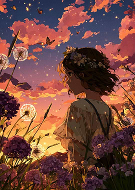 Girl in flower field at sunset