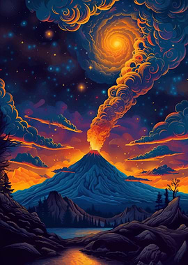Volcano Eruption Night Sky Landscape