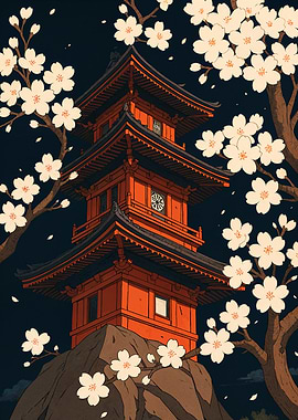 Japanese Pagoda with Cherry Blossoms