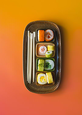 Sushi platter with chopsticks on orange