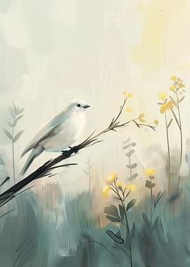 White Bird on Branch Digital Painting