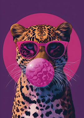 Leopard with Sunglasses and Bubble Gum