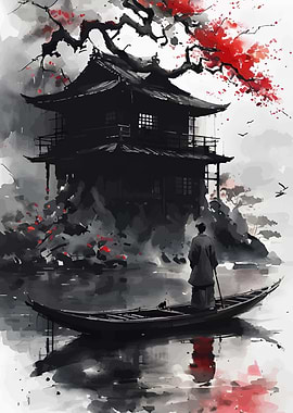 Japanese Temple on Water with Boat