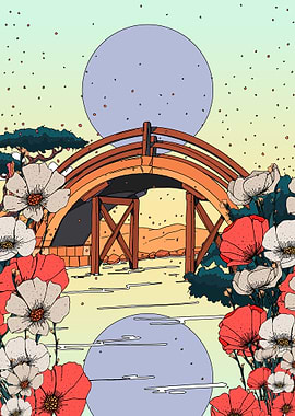 Floral Bridge Landscape with Moon