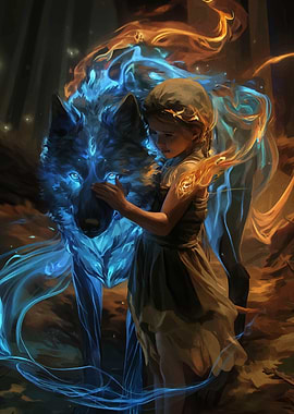 Girl and Spirit Wolf Digital Art