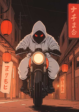 Motorcycle Rider in Japanese Alleyway