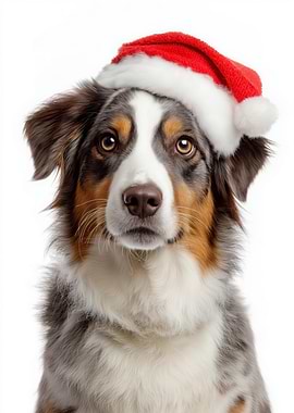 Australian Shepherd Dog with Santa Hat Portrait