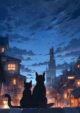 Cats Gazing at City Nightscape