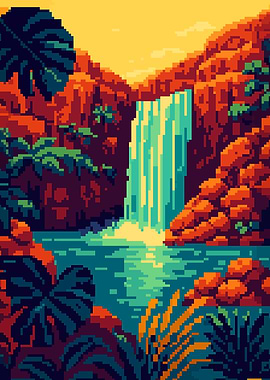Pixel Art Tropical Waterfall Landscape Retro Nature