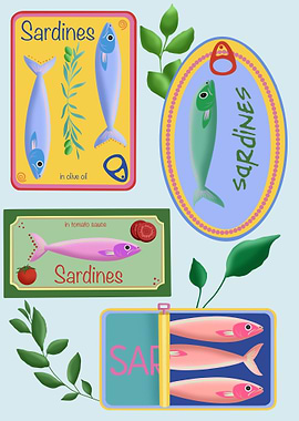 Colorful Sardines in Cans and Labels