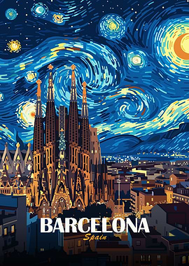 Barcelona Spain Sagrada Familia Night Art