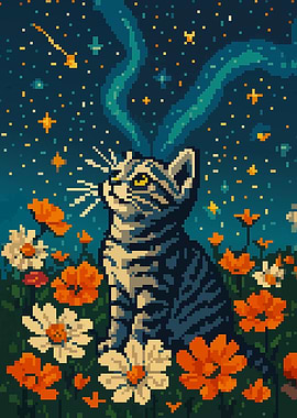Retro Pixel Art Cute Cat in Flower Field Inspirational