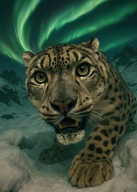 Snow Leopard under Aurora Borealis