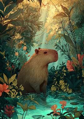 Capybara in a Lush Jungle Pool