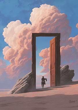 Cowboy through the door to clouds