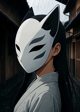 Anime Girl with Kitsune Mask in Rain