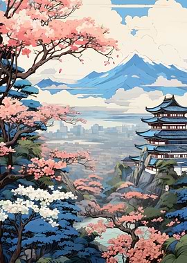 Japanese Landscape with Cherry Blossoms