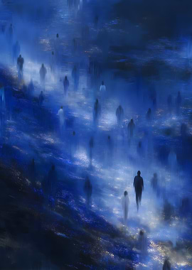 Ethereal Figures in Blue Landscape
