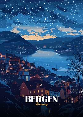 Bergen, Norway Nightscape Illustration