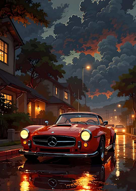Red Mercedes on Wet Street at Dusk