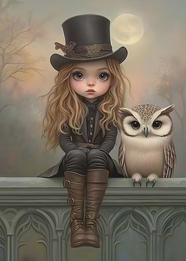 Girl with Owl in Steampunk Style