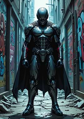 Futuristic Superhero in Dark Urban Alley – Gritty Sci-Fi Wall Art
