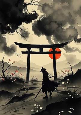 Samurai Ink Painting with Torii Gate