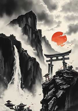 Japanese Landscape with Torii Gate and Waterfall