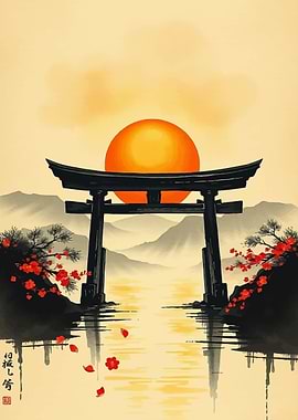 Japanese Torii Gate Sunset Landscape