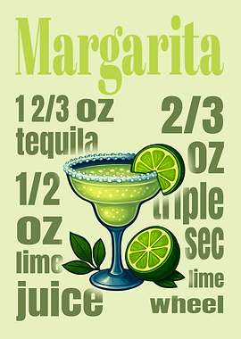 Margarita Recipe Art Print – Fun Retro Cocktail Wall Decor, Lime Green Drink Illustration for Kitchen or Home Bar