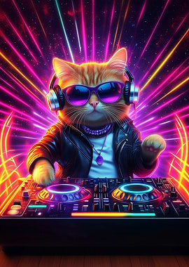 DJ Cat with Neon Background Music Meme