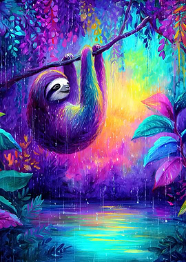 Colorful Sloth in Rainy Jungle