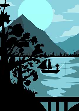 Peaceful Lake Fishing Scene Illustration