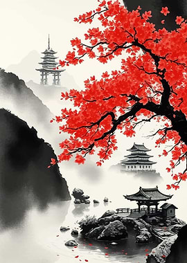 Japanese Landscape with Pagodas and Red Leaves