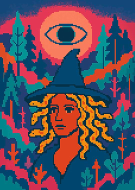 Pixel Art Witch in Retro Synth Forest
