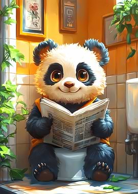 Panda Reading Newspaper on Toilet