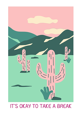 Desert Landscape with Cactus and Mountains