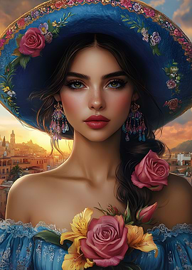 Woman with sombrero and floral dress